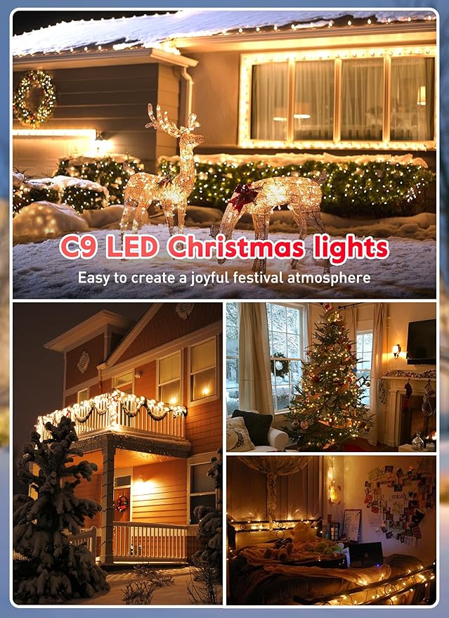 Vintage C9 LED Christmas Lights Outdoor, 200 Ft C9 String Lights with 200 Shatterproof Warm White Bulbs, Waterproof Connectable Christmas Tree Lights for Roofline Holiday Garden Party Xmas Decorations