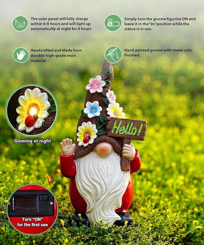 Gnome Solar Statues for Garden Decor - Outdoor Decorations Art Figurine for Patio Balcony Yard Lawn