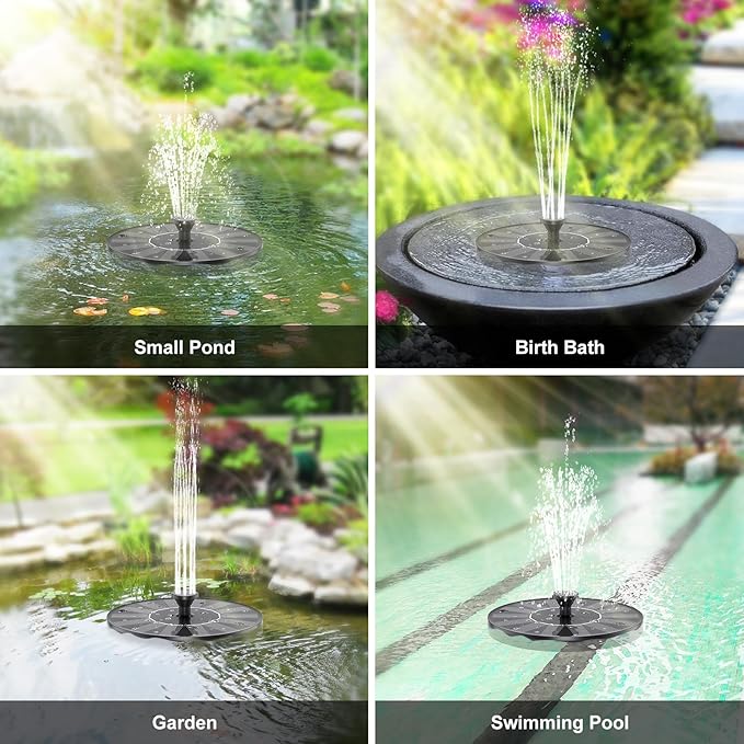 Solar Fountains,Solar Water Fountain,Solar Powered Bird Bath Fountain with 6 Nozzles - Free Standing Floating Solar Water Fountain for Bird Bath, Garden, Pond, Pool (Black-1.4W)