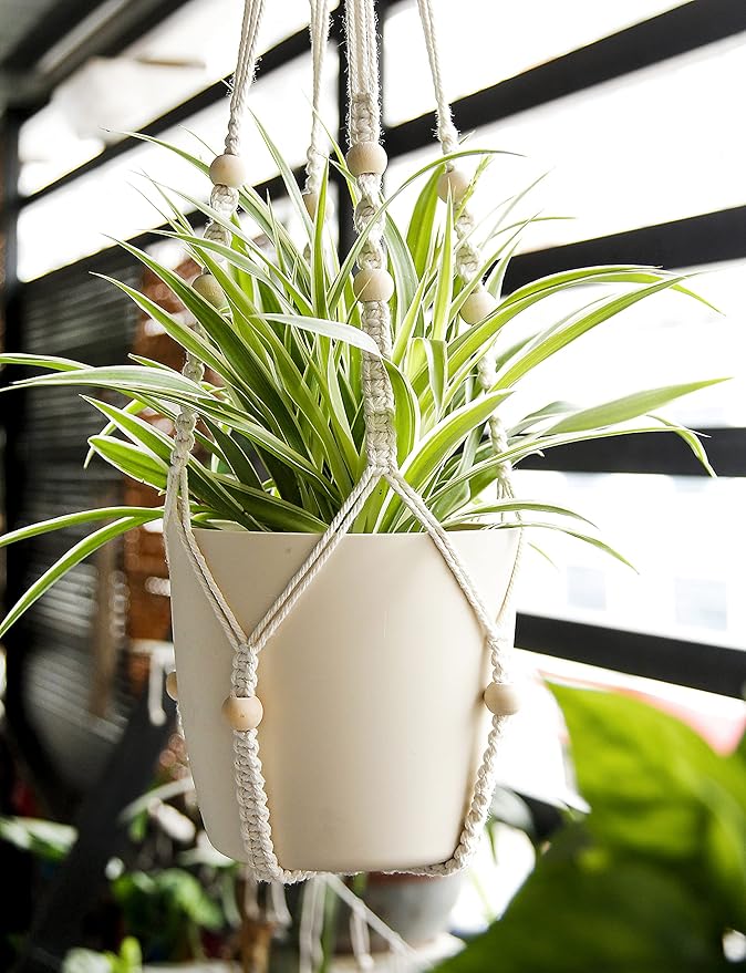 Macrame Plant Hanger Indoor Hanging with Wood Beads Macrame Planters No Tassel for Indoor Outdoor Boho Home Decor 35 Inch (Ivory,2pcs)