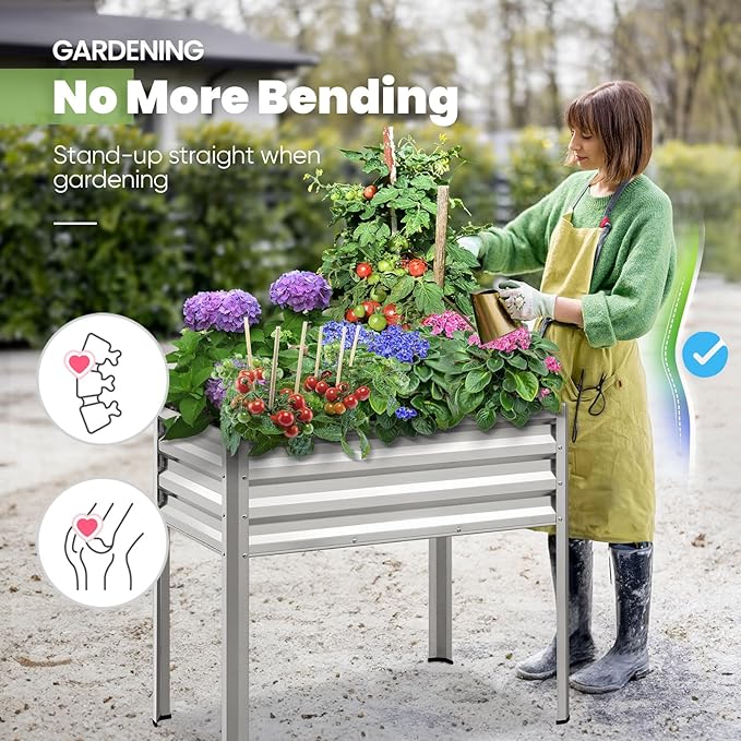 KING BIRD Raised Garden Bed with Legs Galvanized Elevated Planter Box for Backyard, Patio, Balcony, 33.9x17.7x31.5in, Silver