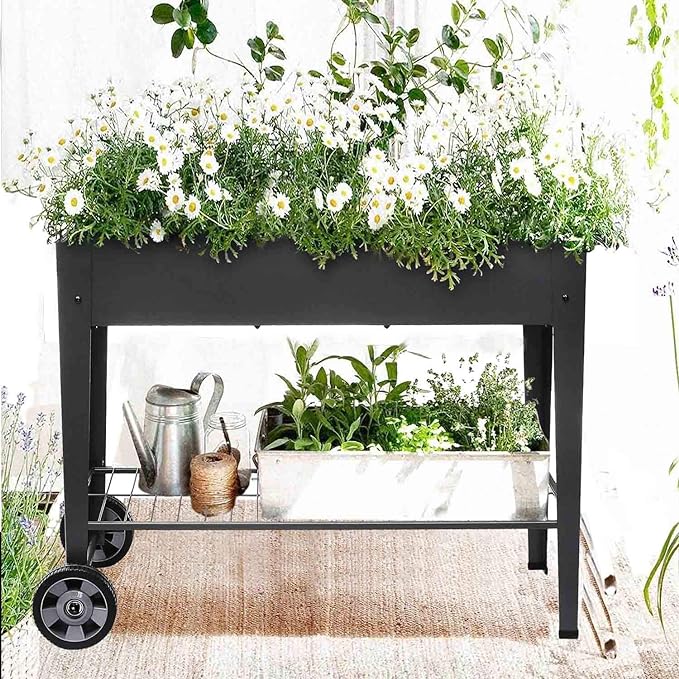 Raised Planter Box with Legs Outdoor Elevated Garden Bed On Wheels for Vegetables Flower Herb Patio