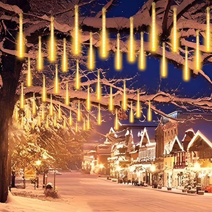 YIQU 2-Pack Extendable Meteor Shower Christmas Lights - 16 Tubes, 384 Led Icicle Lights Perfect for Outdoor, Patio Decorations (Warm White)