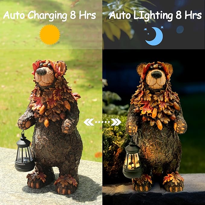 Solar Garden Statue Bear Figurine, Garden Art Outdoor Statues with Solar Lantern, Loving Bear for Patio, Balcony, Yard, Lawn, Unique Housewarming Gifts