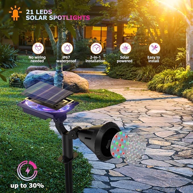 Color Changing Solar Spot Lights Outdoor, 21 LEDs Brightness Solar Pathway Lights Outdoor, IP67 Waterproof Exterior Solar Lights for House, 2-in-1 Solar Flood Lights Outdoor for Yard