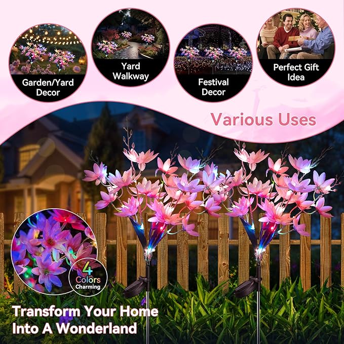 Neporal Solar Flowers Outdoor Waterproof IP65, 5-Head Snow Lotus with 20+ Flowers, 4-Color Light & 2 Lighting Modes, Decorative Solar Lights Outdoor Garden, Yard, Pathway, Flower Bed (2-Pack, Pink)