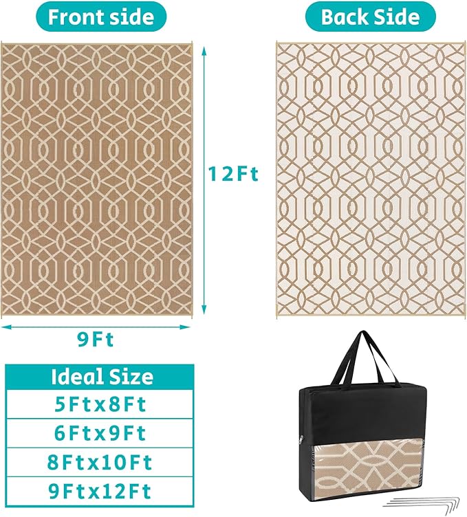HEBE Outdoor Rug Waterproof 9x12, Reversible Plastic Straw Rug RV Camping Rug, Indoor Outdoor Patio Mat Clearance, Outside Carpet for Porch,Deck,Camper,Balcony,Backyard,Picnic