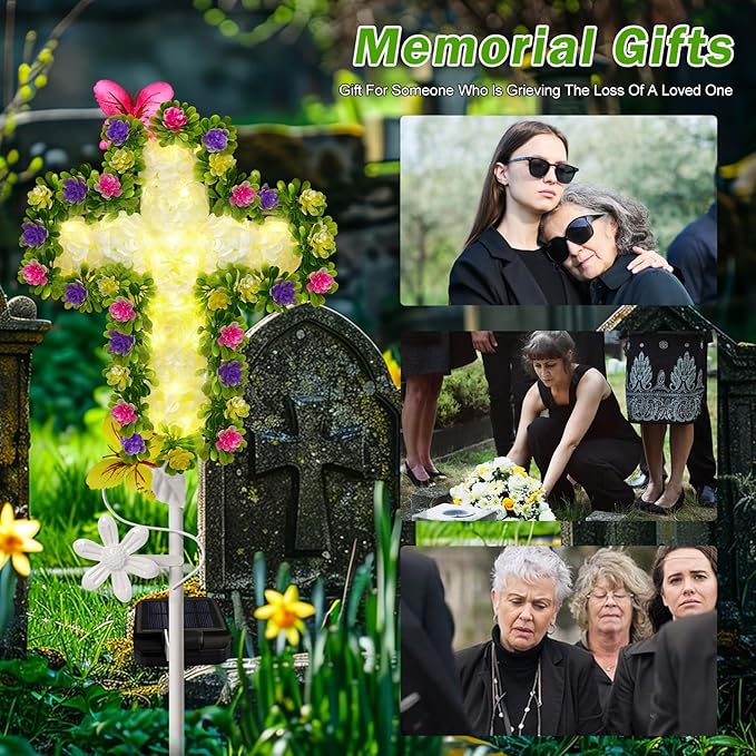 TEDOF Solar Garden Lights Outdoor Solar Flowers Cross Stake Lights Waterproof,Memorial Gifts for Mom,Cemetery Decorations for Grave,Garden,Path,Backyard