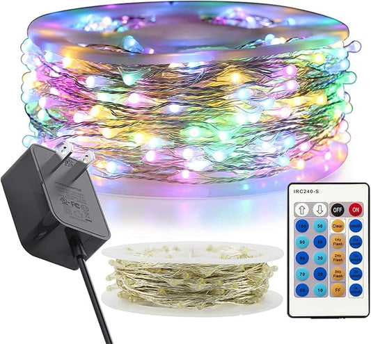 RUICHEN Multicolor Dimmable Fairy Lights Plug in, 99 Ft 300 LED Twinkle String Lights with Remote, Waterproof Silver Wire Firefly Lights for Bedroom, Patio, Yard, Christmas, Easter, Wedding, Party