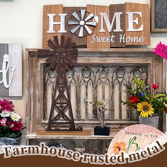 Tandefio Farmhouse Windmill Table Top Decor 11.8 Inch Metal Rusted Vintage Desk and Shelf, Decorative Farmhouse Kitchen Rustic Windmill Decor Rustic Home Decorations