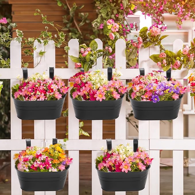 Foraineam 6 Pack Hanging Flower Pots, Metal Iron Hanging Planter Plant Pot Holders for Railing Fence Balcony, Black Hanging Bucket Pots Outdoor Porch Decors with Detachable Hooks and Drain Holes