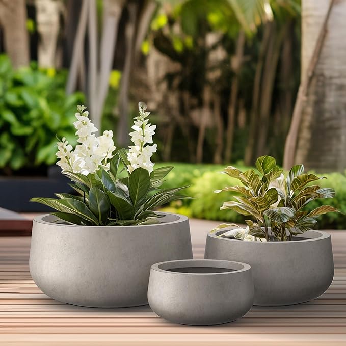 Kante 19.6",15.7",11.8" Dia Round Concrete Planters Set of 3, Outdoor Indoor Large Plant Pots with Drainage Hole, Modern Curvaceous Design, Weathered Concrete