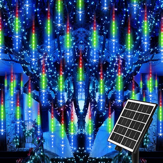 Meteor Shower Lights Outdoor Solar Meteor Lights Falling Rain Lights 16 Tubes 16 Inch 576LED Cascading Snowfall Christmas Lights for Holiday Wedding New Year Party Yard House Roof Tree Mall Decoration