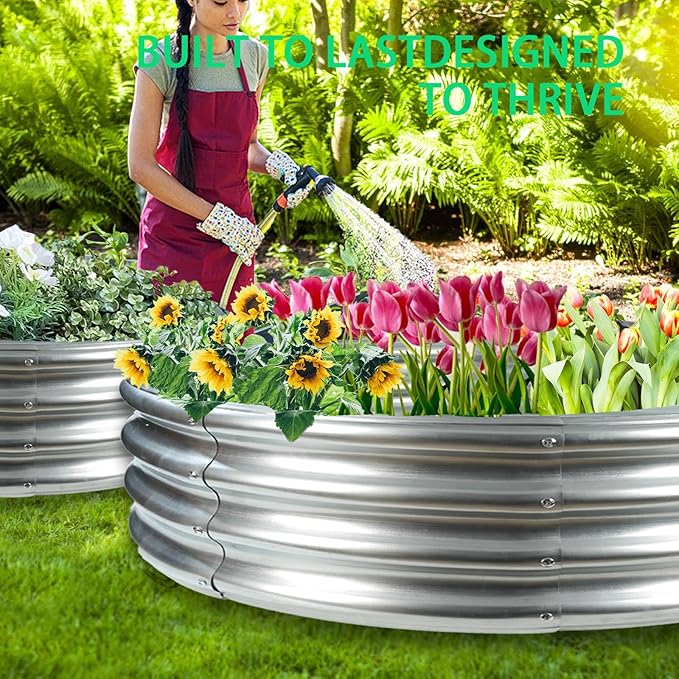 Durable Round Galvanized Steel Raised Garden Bed for Planting,Round Galvanized Steel Fire Ring/Fir Pit for Outdoor- 5×5×1FT,0.8MM Thick (Silver, 60 ins Diameter x 12 ins high)