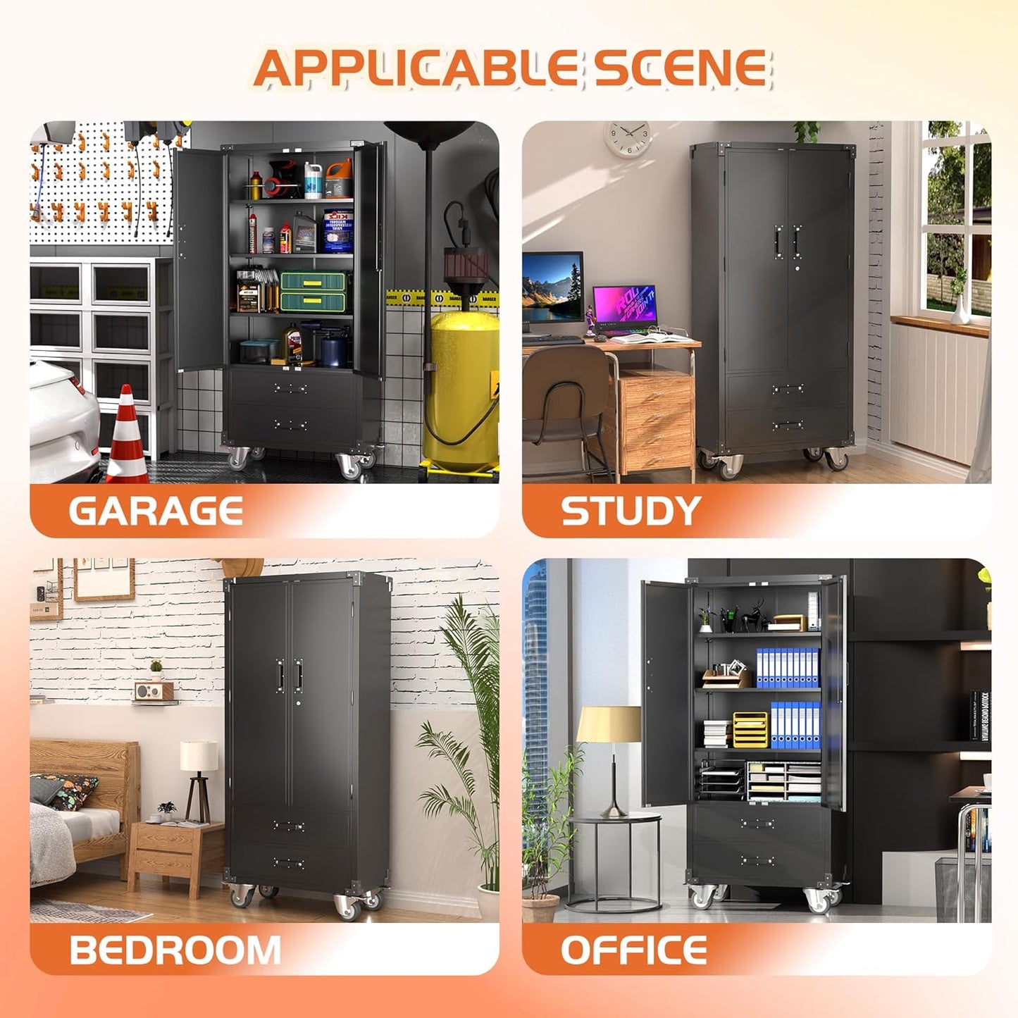 Metal Storage Cabinet with 2 Drawers, Garage Tool Cabinet on Wheels for Home Office Garage,Assembly Required,Black