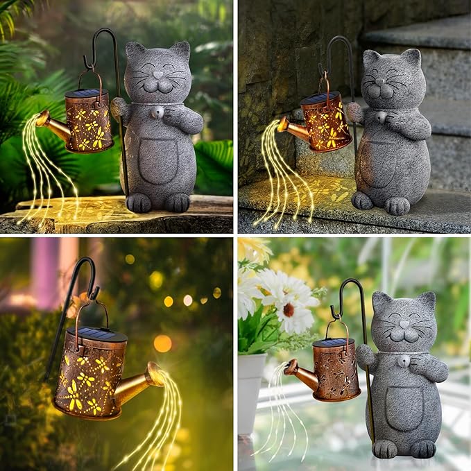 Mothers Day Mom Gifts for Mom, Solar Garden Outdoor Statues Cat with Kettle Light, Birthday Mom Gifts for Her Women Grandma, Cat Lovers Gifts for Women, Gardening Gifts House Warming Gifts New Home