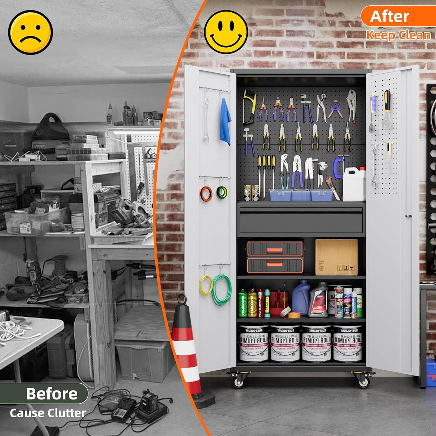 Aobabo Metal Storage Cabinet with Wheels and 1 Interior Drawer, Steel Rolling Tool Cabinet with 16 Hooks and 2 Adjustable Shelves for Garage, Home, Office, Kitchen, Black Gray, Assembly Required