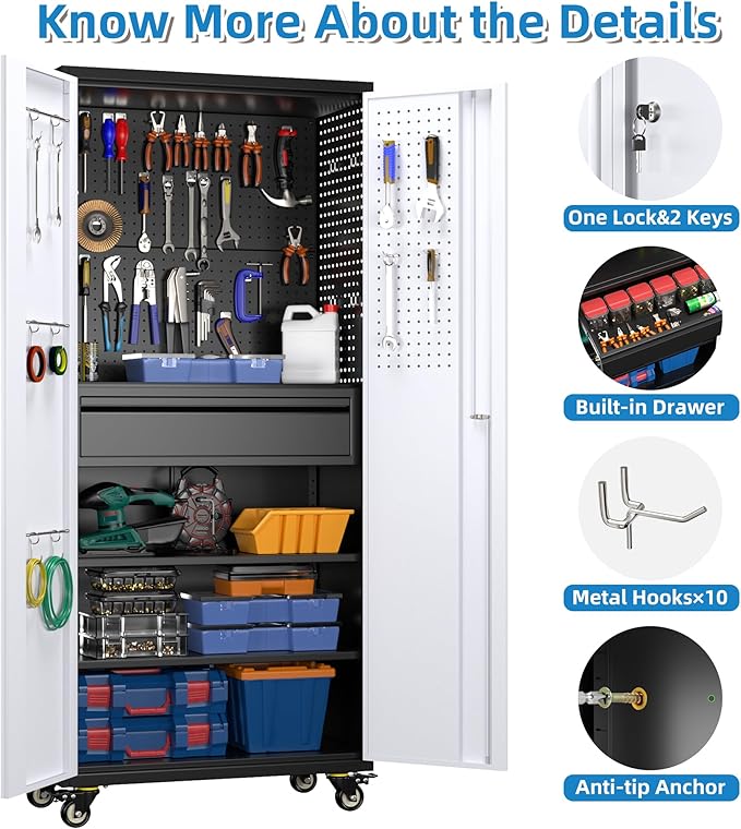 Metal Garage Cabinet with Wheels,71''H Rolling Lockable Steel Tool Storage Cabinet with Pegboard &1 Drawer for Garage,Home,Office,Black Gray, Assembly Required
