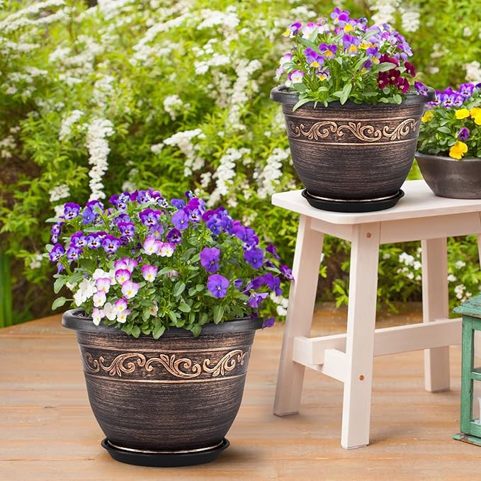 Plastic-Plant-Flower-Planters-16 Inch with Drainage Hole & Saucer, 3 Packs Lightweight Small Resin Flower Pot Indoor Outdoor, Retro Antique Imitation Decorative Garden Containers Sets for Houseplants
