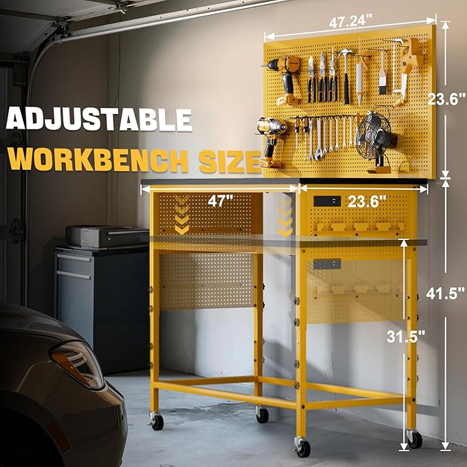 47" Heavy Duty Adjustable Workbench with Power Outlets, Pegboard & Locking Wheels - 2100LB Capacity Garage Work Table, Compatible with DeWalt Battery, Reinforced Steel Frame for Workshop & Home Use