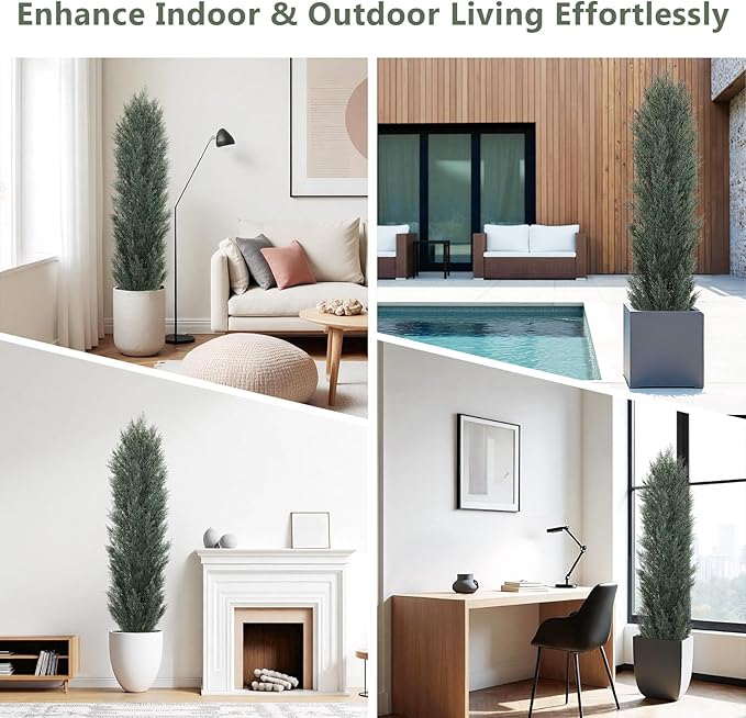 THE BLOOM TIMES 6ft Tall Topiary Trees Artificial Outdoor – UV Resistant Faux Cedar Pine Cypress Bushes and Shrubs, Fake Potted Plants for Front Porch Outside Planter Patio Decor, Set of 2 (6 Foot)