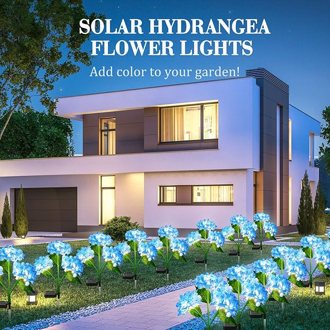 Treela 4 Pack Solar Lights Flowers Outdoor Waterproof Hydrangea Garden Stake Lights Realistic LED Flowers Powered Decorative Ground Solar Flower for Lawn Yard Backyard Decoration Gift(Blue)