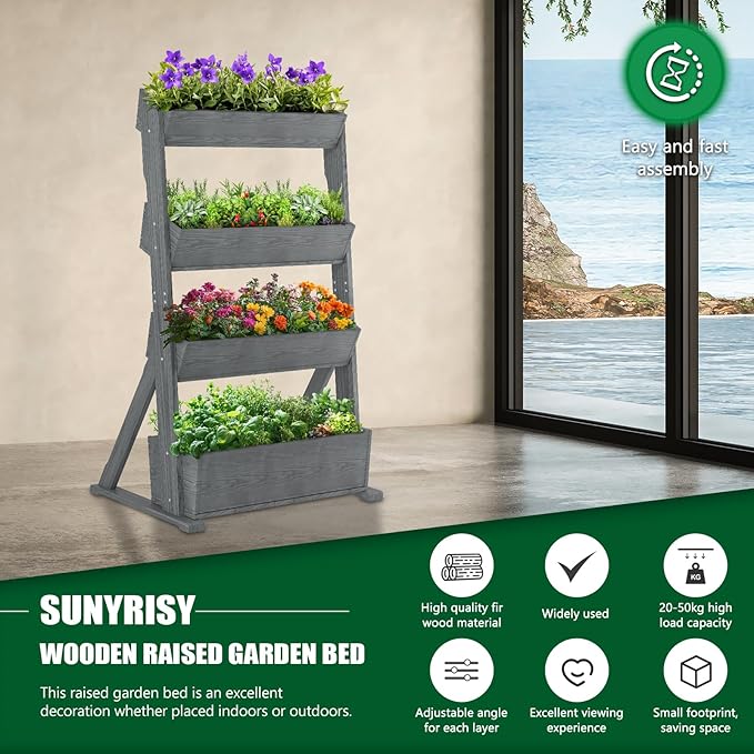SUNYRISY 4 Tiers Vertical Raised Garden Bed Outdoor Planter Tower, Wooden Freestanding Planter Box for Planting Herbs Flowers Vegetables Backyard Patio Balcony Indoor Outdoor Gardening, Grey