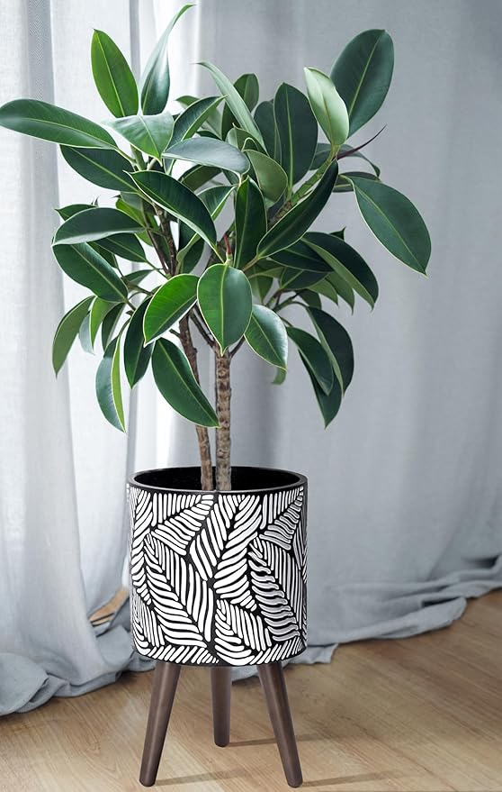 D'vine Dev 10 Inch Planter Pot with Stand, Mid-Century Tall Plant Pot with Legs for Indoor Plants, Medium, White/Grey, 88-L-B-7