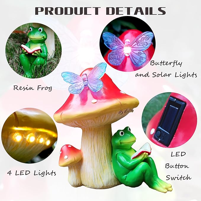 Solar Frog Mushroom Garden Statues,Resin Frog Mushroom Reading a Book Figurine with LED Solar Lights, Lawn Decor Outdoor Statue for Patio,Balcony,Yard,Lawn Ornament