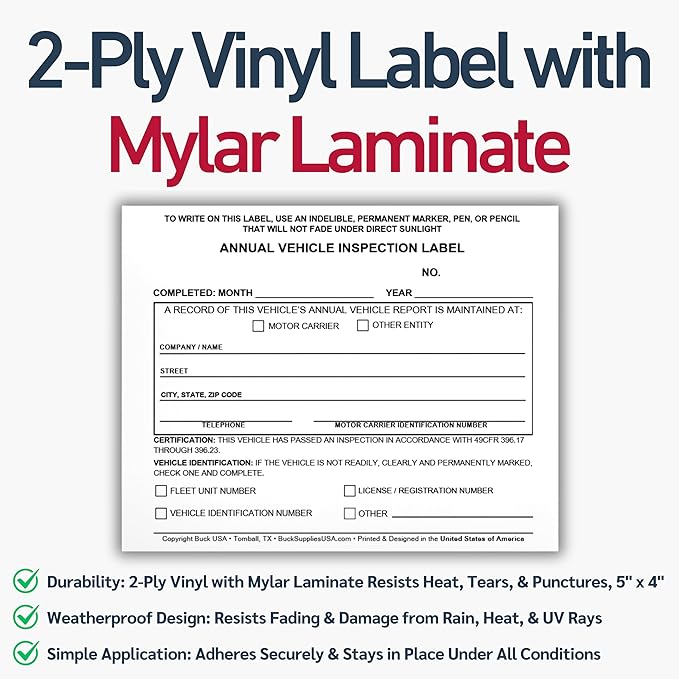 5 Pack Buck Annual Vehicle Inspection Label, 2-Ply Adhesive Vinyl with Mylar Laminate, FMCSA & DOT Compliant, Weatherproof, Tear Resistant, Easy to Write On, 5" x 4" - Made in USA