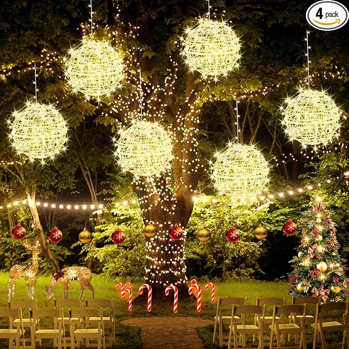 Christmas String Lights Outdoors,4 Pack 11.81" Sphere Lights,Ball Tree Garden Globe Lights for Home, Party, Christmas, Porch Patio,Wedding, Garden,Tree Decoration with Plug