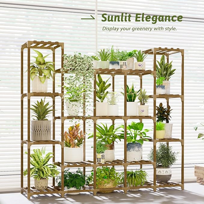 Large Plant Shelf 17 Pots Plant Stand Indoor Outdoor Tall Plant Rack Wood for Indoor Plants Multiple Plant Holder for Patio Balcony Garden Flower Stand Load-Bearing 600 LBS