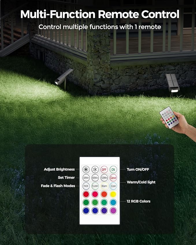 Solar Spot Lights Outdoor Waterproof IP67, RGB Landscape Lighting with Remote & Timer, Color Changing Solar Uplights Outdoor for Trees, Garden, Yard, and Pathway (6 Pack)