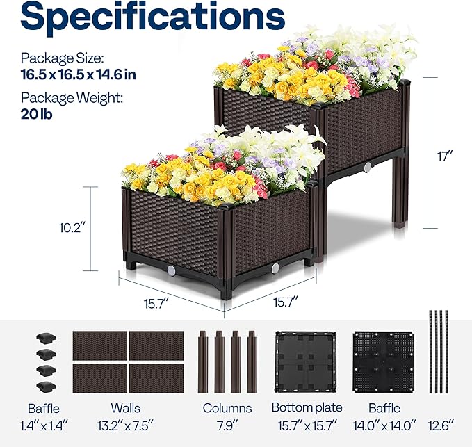 VIVOHOME 4 Packs Elevated Plastic Raised Garden Bed Planter Kit, Outdoor Planters Above Ground Flower Vegetable Standing Box for Patio Deck Porch W/Drainage Holes