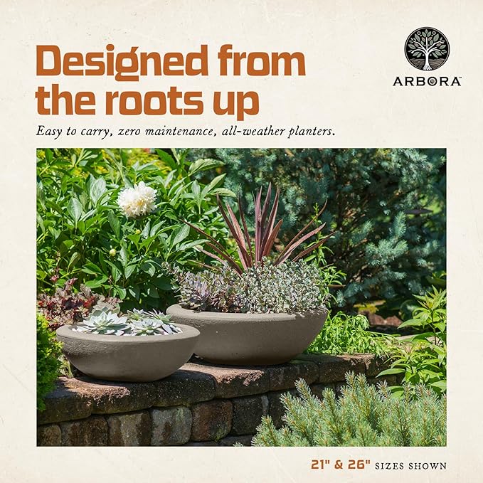 ARBORA 21" Santorini Bowl Polyresin Indoor and Outdoor Planter with Classic Cream Finish - Durable, Weatherproof, Lightweight, Large Plant Pot for Patio, Garden, Deck, Entryway