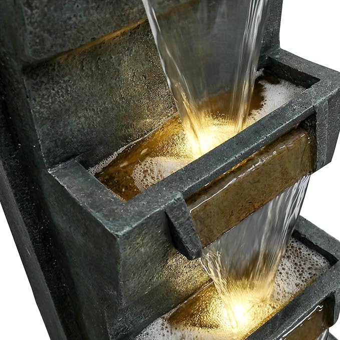 SunJet 4-Tiers Modern Cascading Indoor/Outdoor Fountains and Waterfalls with LED Lights - 39.3" High Large Water Fountain for Garden, Patio, Yard, and Deck Decor - Relaxing Water Fountain Outdoor