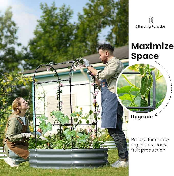 KING BIRD Raised Garden Bed with Arched Trellis Galvanized Planter Garden Box Outdoor for Gardening, Climbing Vegetables, Flowers 3.94x1.97x0.98 Ft, Dark Grey