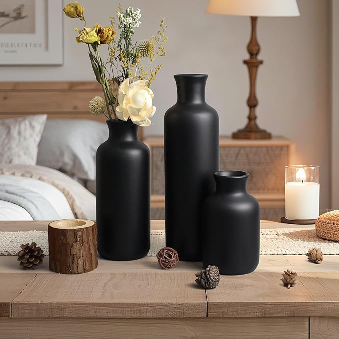 Resin 3 Piece Vase Set, Farmhouse Decor, Home Decorative Vase, Vases for Your Kitchen, Bedroom, Office, Living Room, Bathroom, & Shelf Centerpiece Table Decorations, Black