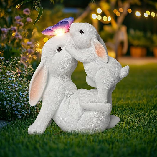 Easter Bunny Figurines Solar Garden Outdoor Statue with Butterfly Decorations Lights Easter Bunnies Decor Gifts for Women Mom Rabbit Statue for Outside Yard Patio Garden Lawn Ornament