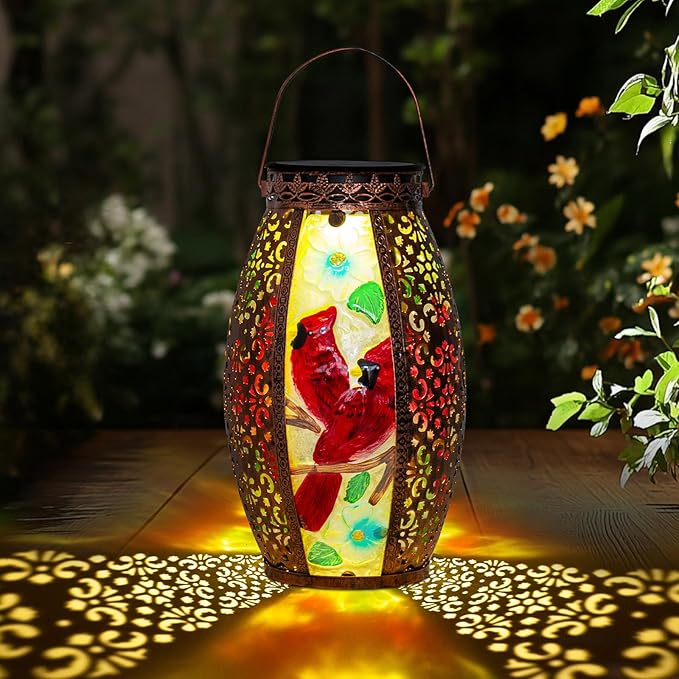 Outdoor Solar Lantern-Waterproof Two Cardinal Hanging Metal Decorative Lights for Patio Table Garden Pathway Yard with Super Bright Warm White LED, Large Solar Panels, Auto On/Off Sensor
