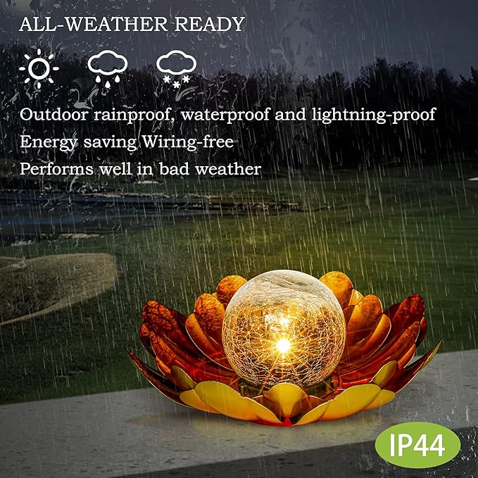 Solar Flower Light Outdoor Christmas Decorative,Garden Solar Powered Lights,Yard Solar Glass Ball Light with Metal Petal for Tabletop Decor Birthday Gift for Her,Christmas Gifts for Women