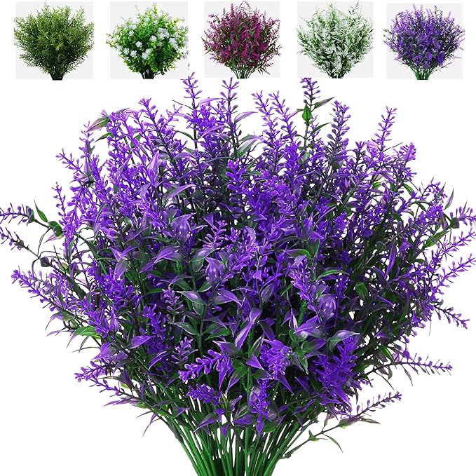8 Pack Artificial Plants Flowers Grass Shrubs Lavender No Fade Faux Plastic Flowers Outdoor for Farmhouse Garden Porch Patio Indoor Wedding Decoration Greenery Fake Plants uv Resistant