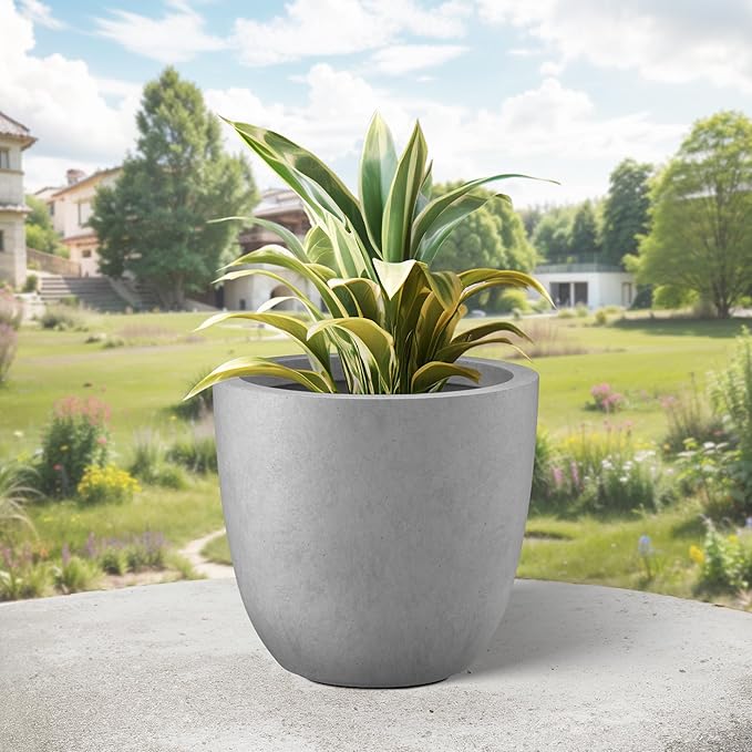 Kante 14 Inch Dia Round Concrete Planter, Indoor Outdoor Large Plant Pot with Drainage Hole and Rubber Plug for Home Patio Garden, Gray Concrete