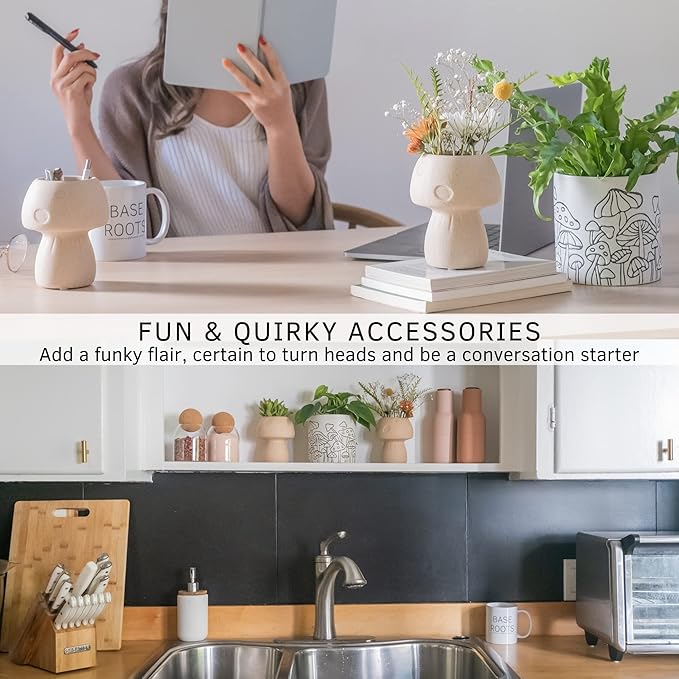 BASE ROOTS Mushroom Planter, Speckled White, Indoor/Outdoor, Holds Small Plants