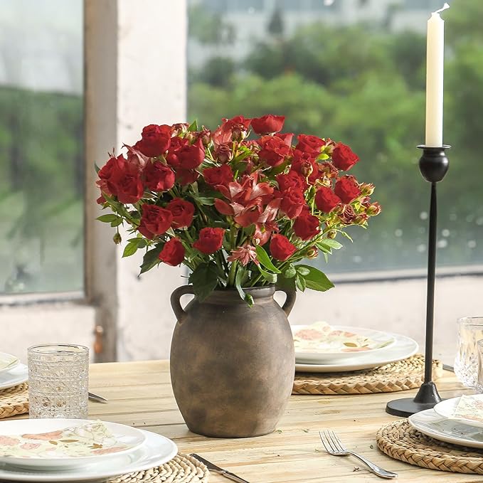 Ceramic Flower Vase 7.6 inch Farmhouse Rustic Vase Decorative Pottery Terracotta Vases for Home Decor Table Mantle Fireplace Living Room Bathroom Wedding Centerpiece (Black)