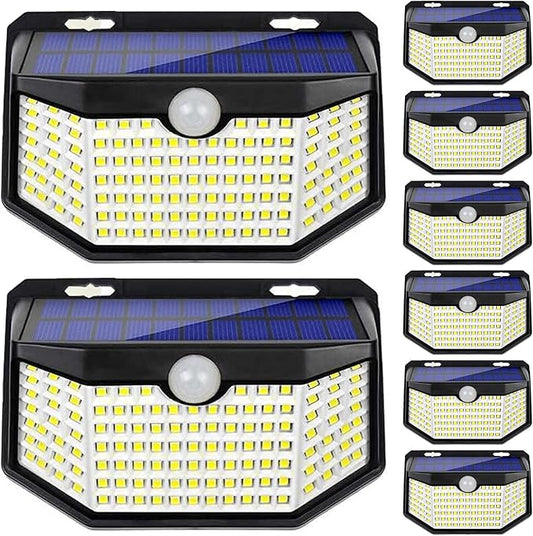HMCITY 120 LED Outdoor Solar Lights with Motion Sensor and 3 Lighting Modes, IP65 Waterproof Wide Solar Wall Lights Ideal for Garden Patio Yard (Front Button 8Packs, Daylight White)