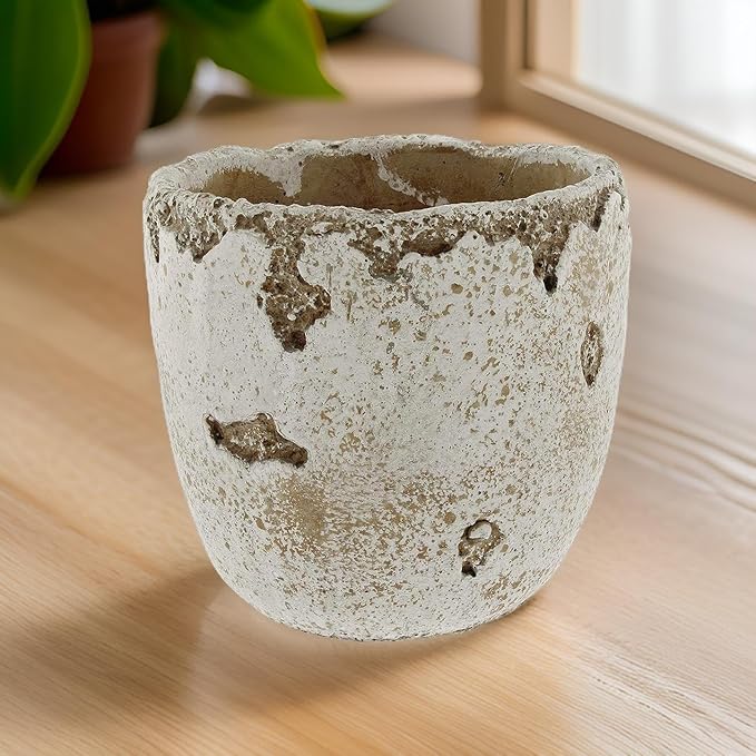 Distressed Weathered Cement Planter, 5 Inches - Unique Stone Plant Pot for Indoor Outdoor Home Garden Decor