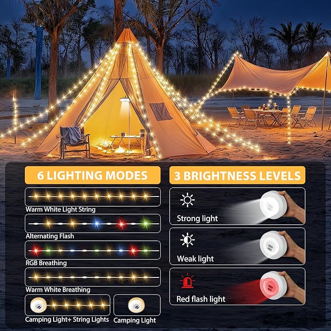Camping String Lights, 4 in 1 Quick Storage Camping Essentials Gear 32.8FT Rechargeable Tent Lights with 9 Modes Hanging Waterproof LED Camp Lamp for Camping Hiking Patio Garden Festival -Warm +RGB