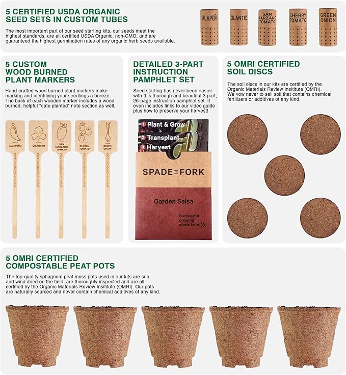 Organic Indoor Salsa Garden Starter Kit - Made in USA - Certified USDA Organic - 5 Seed Types San Marzano & Cherry Tomato, Jalapeño, Cilantro, Green Onion - Potting Soil, Indoor Herb Garden Kit