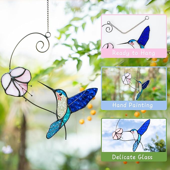 1PC Color Hummingbird Glass Window Ornaments, Garden Decorations, Hummingbird Light Catchers, Favorite Gardening Ornaments for Bird Lovers Sun Catchers.HDHXT